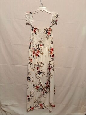 White floral off-the-shoulder split chiffon maxi beach dress,